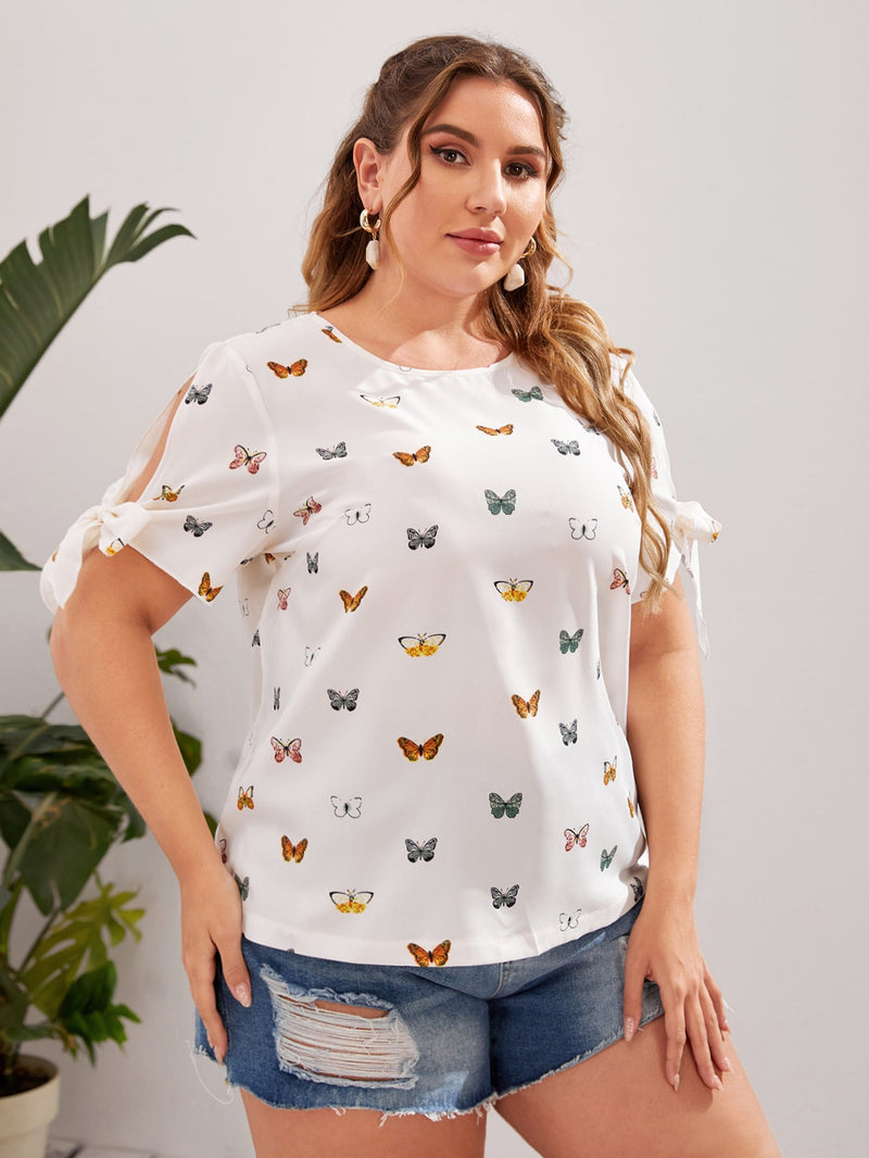 Blusa Estampado Borboleta Con Laços Gola Redonda Mary Plus Size