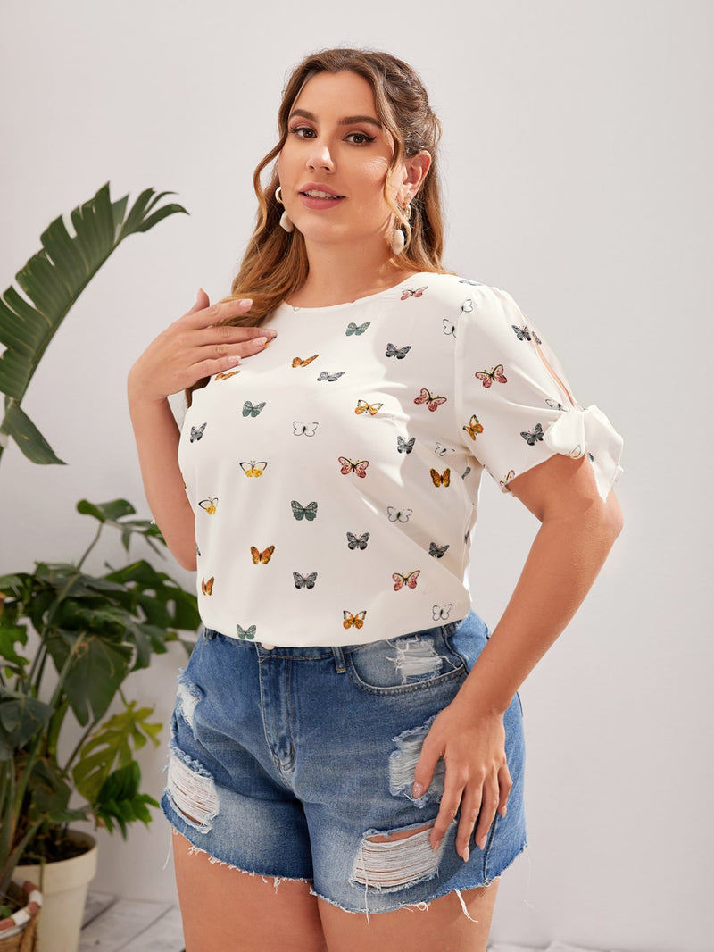 Blusa Estampado Borboleta Con Laços Gola Redonda Mary Plus Size