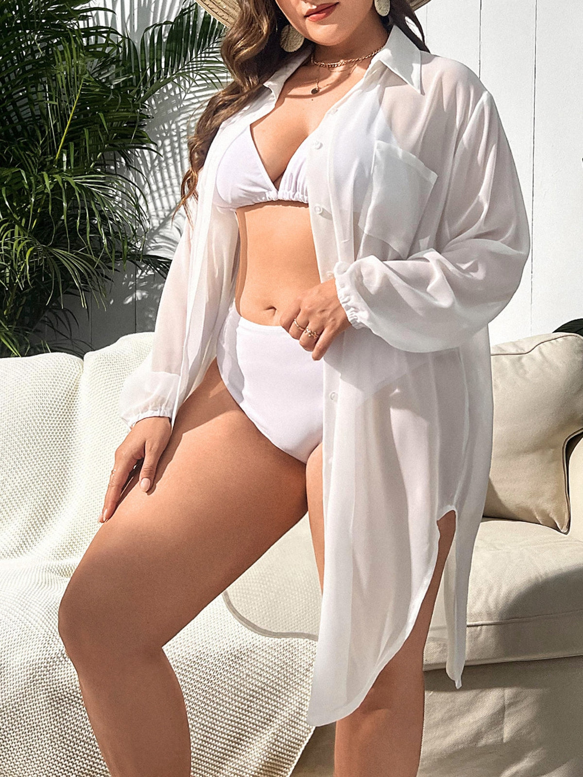 Quimono Feminino Semi-Transparente Elegante com Botões Plus Size