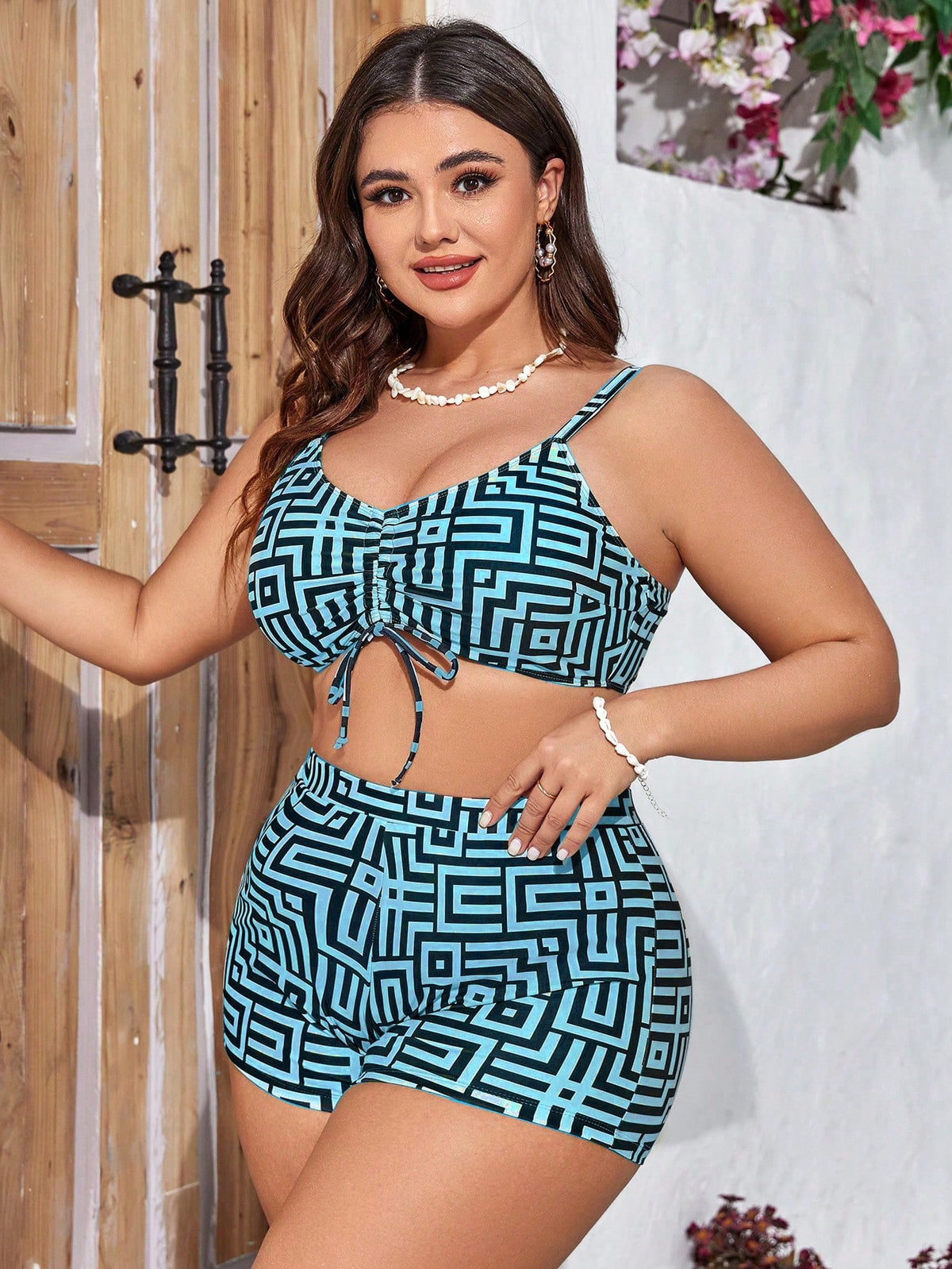 Saída de Praia Conjunto Feminino 3 Peças com Estampa Geométrica Grécia. Plus Size