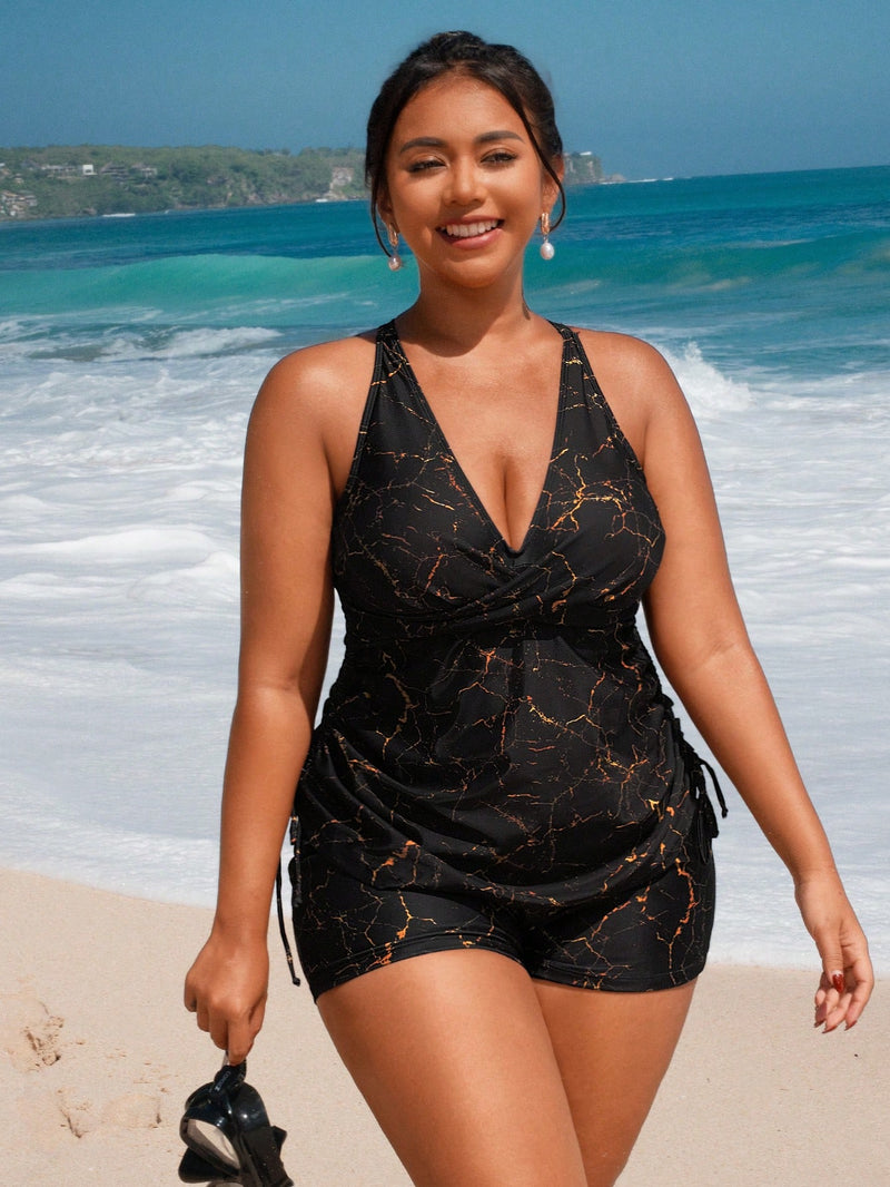 Conjunto de Praia Tankini Shorts Estampado Mármore Lliliane Plus Size