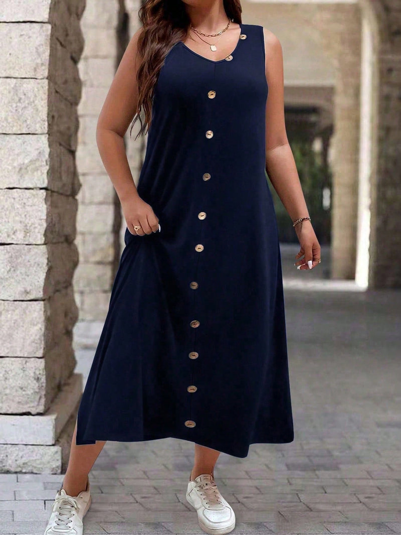 Vestido com Botão Frontal Sem mangas Catia Plus Size