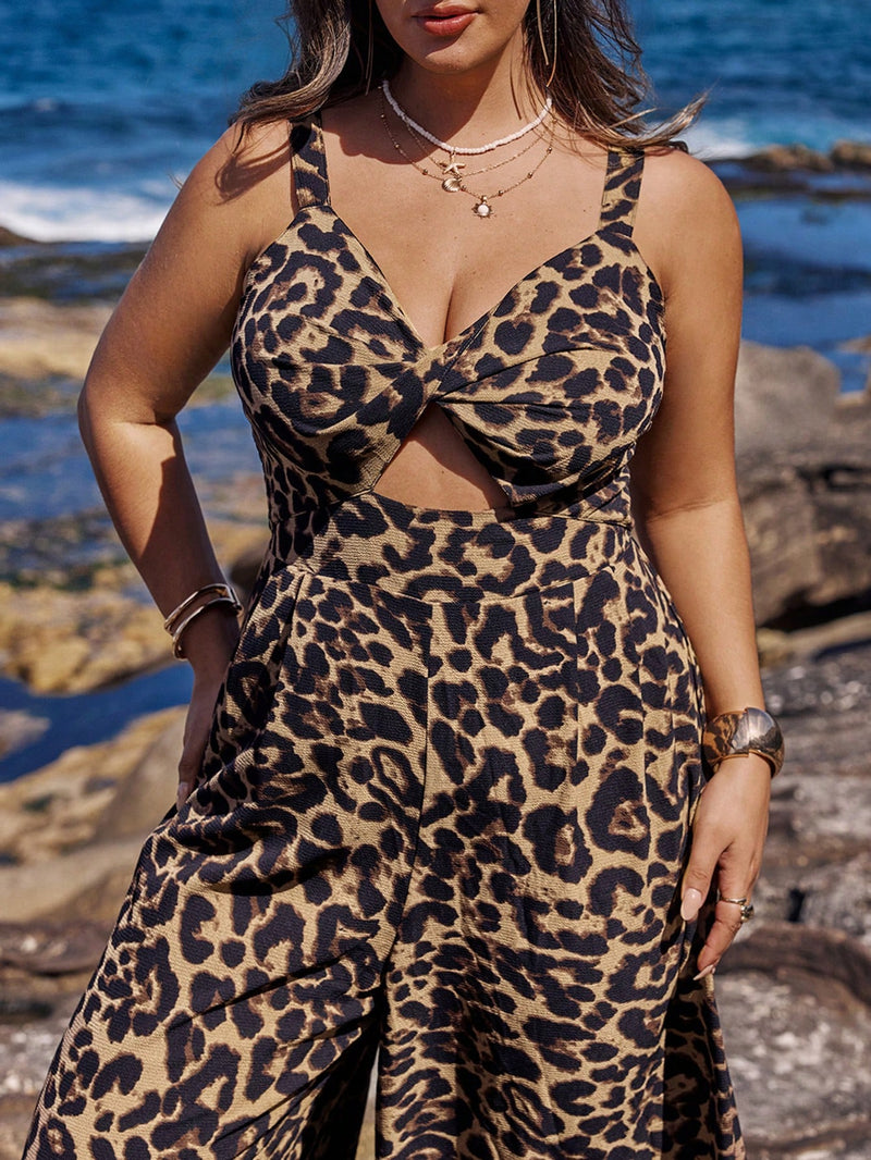 Macacão Feminino Estampado de Onça Estilo Tropical Lina Plus Size