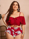 Biquíni Feminino Ombro a Ombro com Babado e Estampa de Folhas Nayara. Plus Size