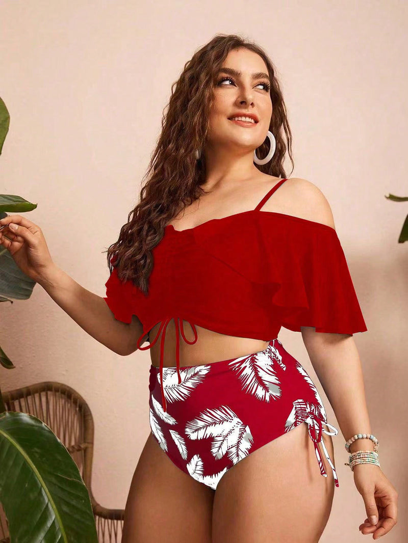 Biquíni Feminino Ombro a Ombro com Babado e Estampa de Folhas Nayara. Plus Size