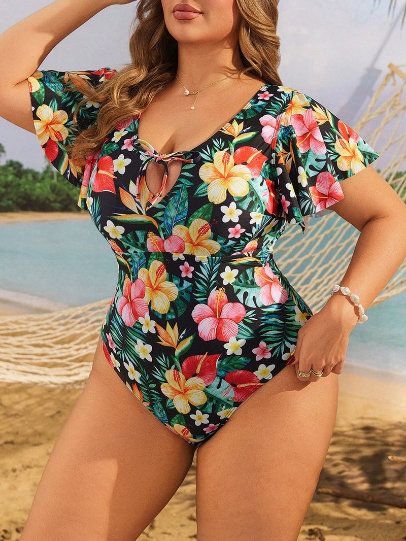 Maiô Feminino Estampa Floral e Babado nos Braços Melissa Plus Size