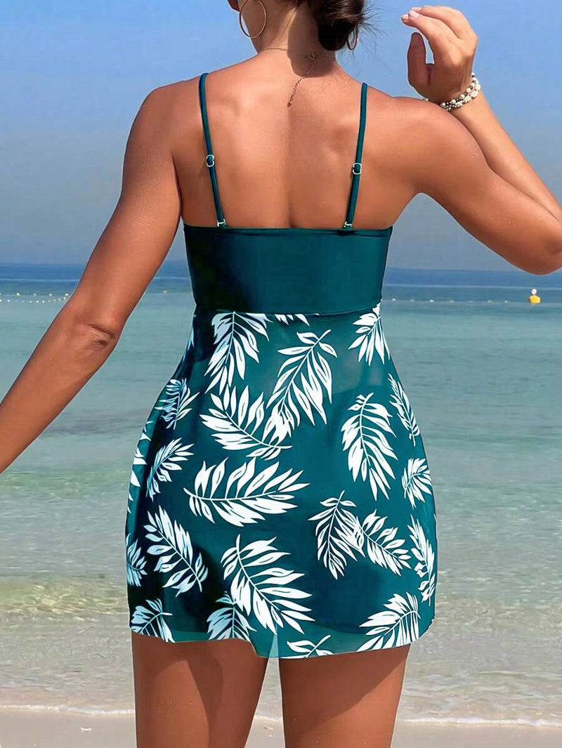 Biquíni Feminino Shorquini Femenino Com Estampa Tropical tipo Vestido Alça Fina Duas peças Sammy