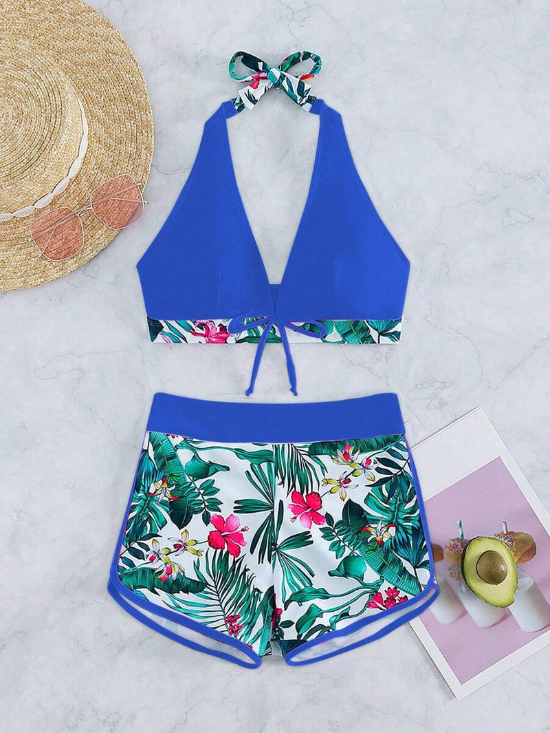 Conjunto Feminino Biquíni Duas Peças Short Cintura Alta Estampado Floral Grecia