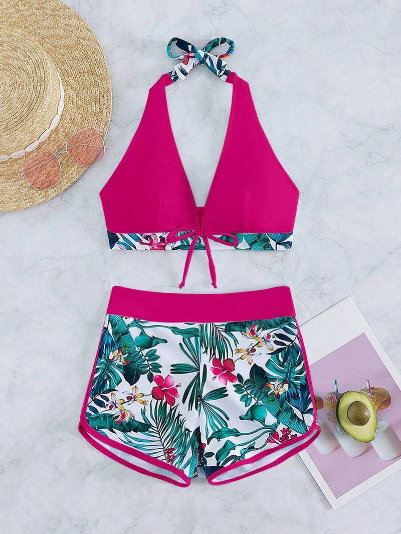 Conjunto Feminino Biquíni Duas Peças Short Cintura Alta Estampado Floral Grecia