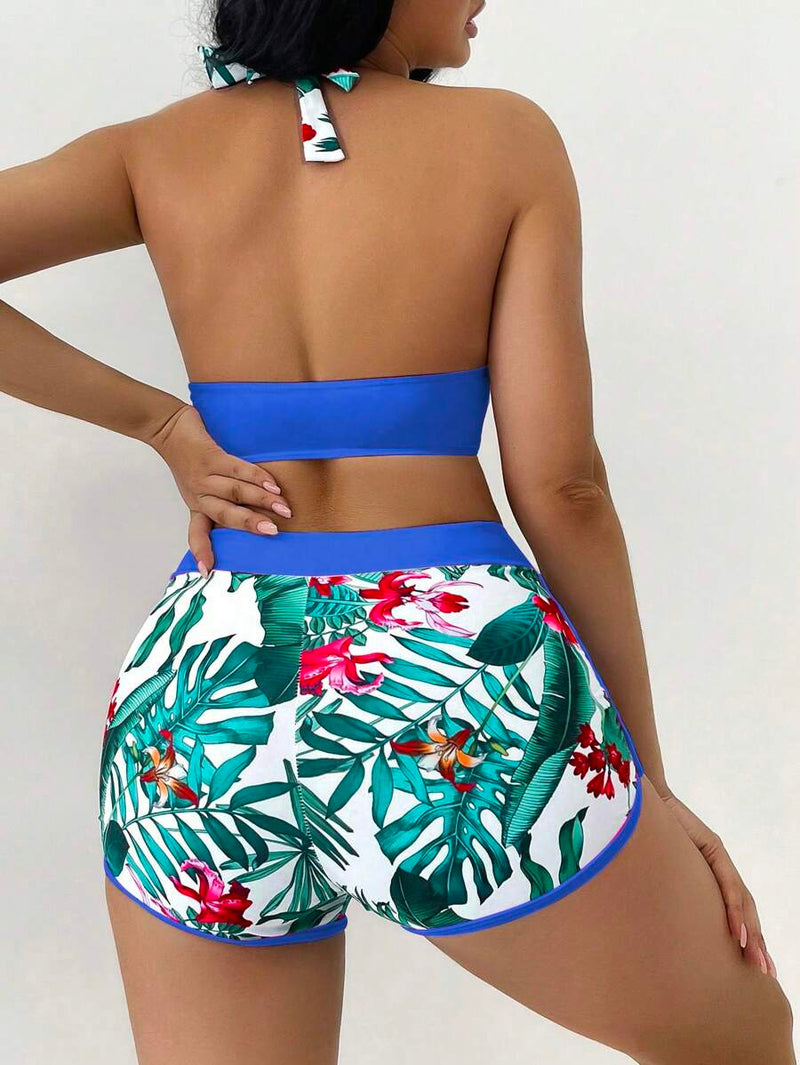 Conjunto Feminino Biquíni Duas Peças Short Cintura Alta Estampado Floral Grecia