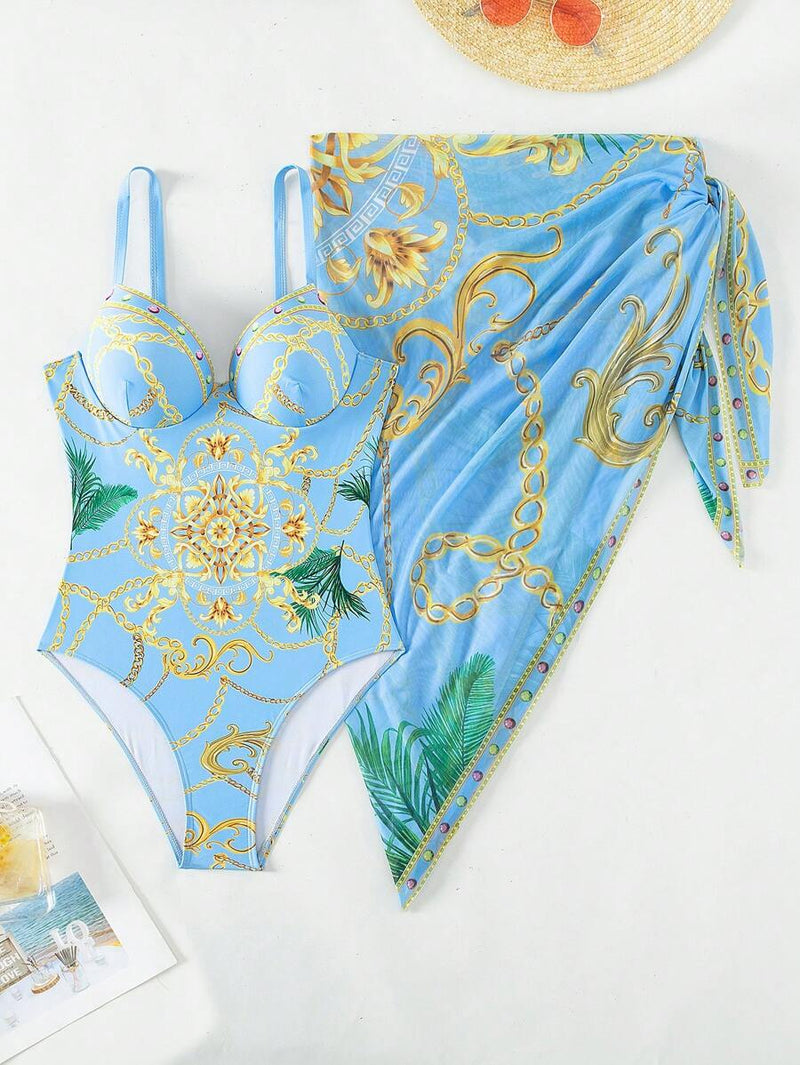 Saída de Praia com Maiô Feminino Estampado e Saia Duas Peças