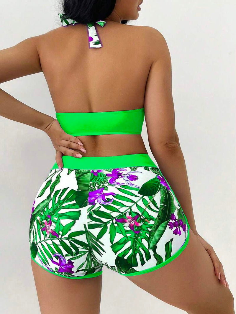 Conjunto Feminino Biquíni Duas Peças Short Cintura Alta Estampado Floral Grecia