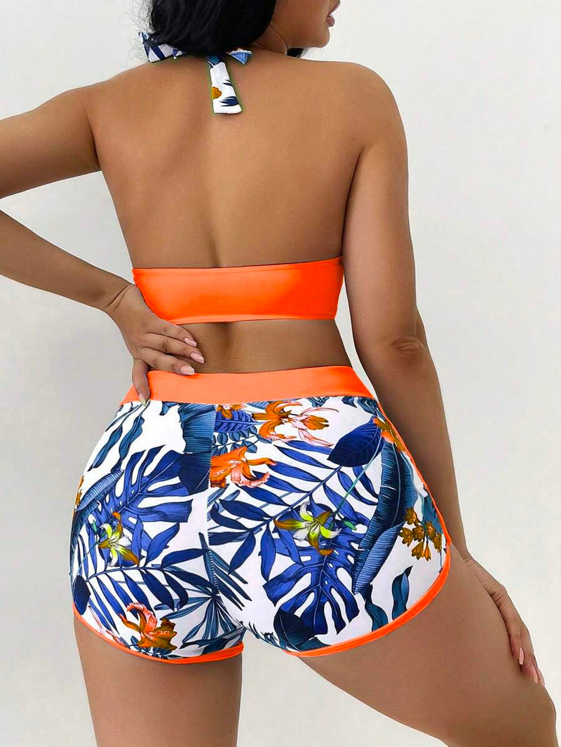 Conjunto Feminino Biquíni Duas Peças Short Cintura Alta Estampado Floral Grecia