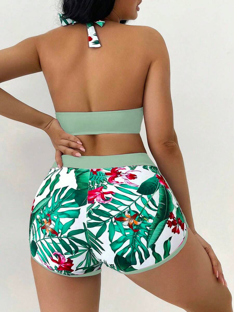 Conjunto Feminino Biquíni Duas Peças Short Cintura Alta Estampado Floral Grecia