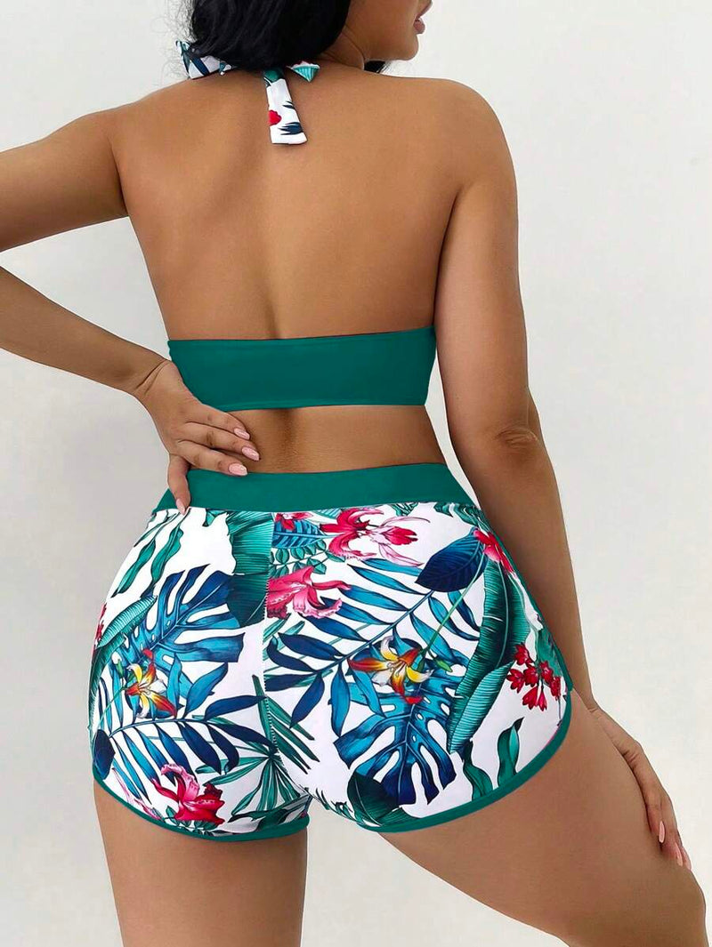 Conjunto Feminino Biquíni Duas Peças Short Cintura Alta Estampado Floral Grecia