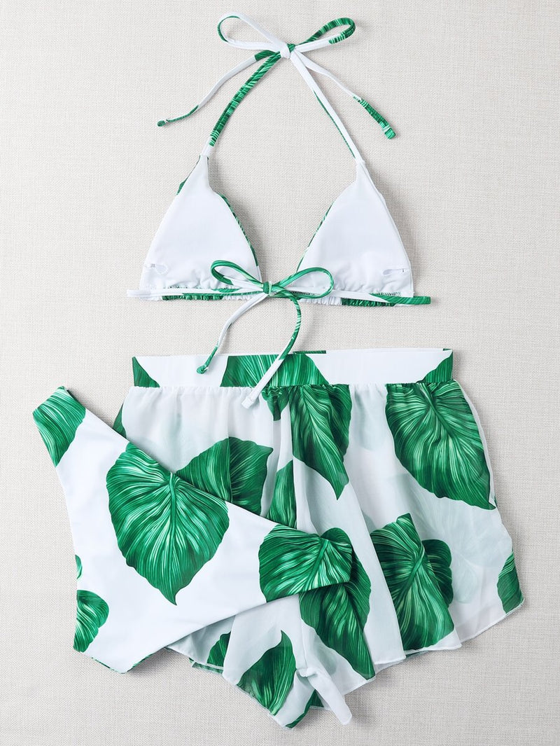 Conjunto Biquíni 3 Peças + Shorts Estampado de Plantas