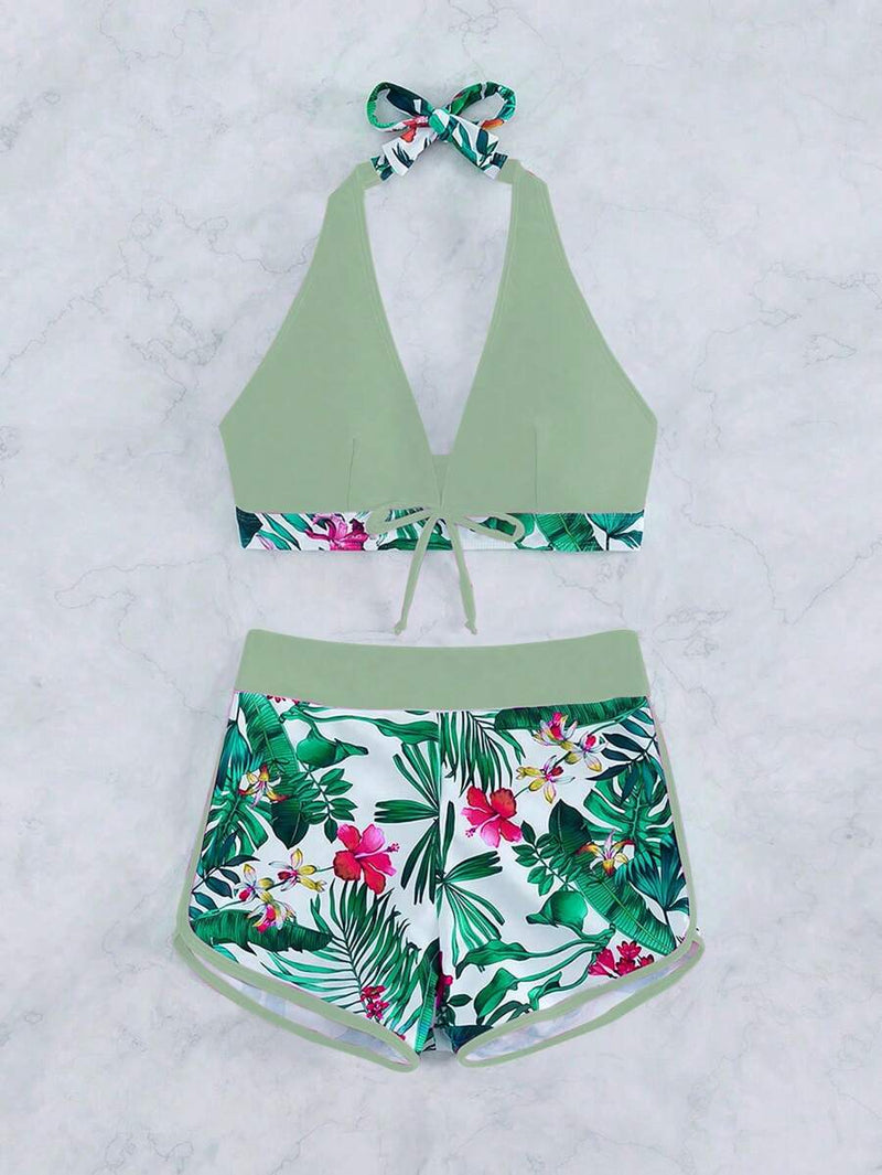 Conjunto Feminino Biquíni Duas Peças Short Cintura Alta Estampado Floral Grecia