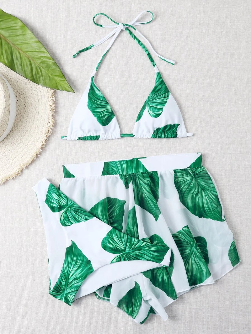 Conjunto Biquíni 3 Peças + Shorts Estampado de Plantas