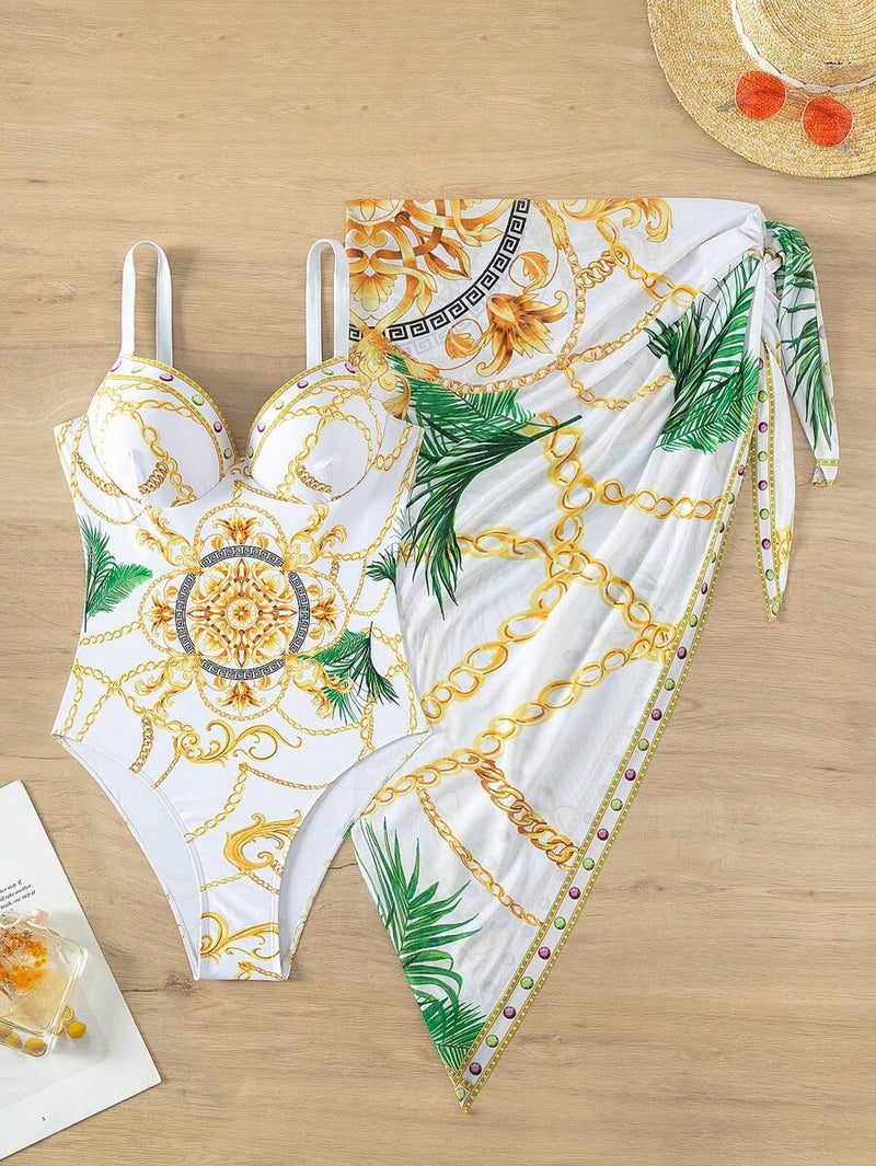 Saída de Praia com Maiô Feminino Estampado e Saia Duas Peças