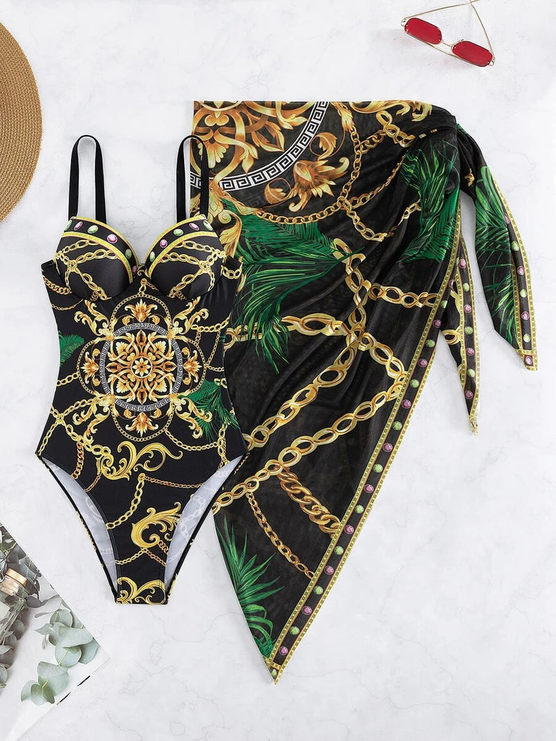 Saída de Praia com Maiô Feminino Estampado e Saia Duas Peças